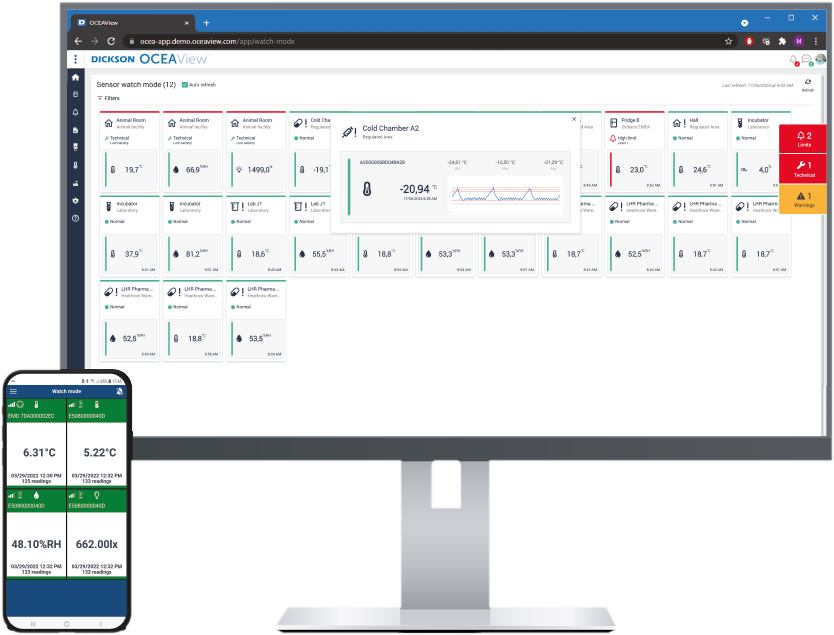 Interface web OCEAView en mode surveillance et application OCEAView Mobile affichant les mesures des capteurs Dickson